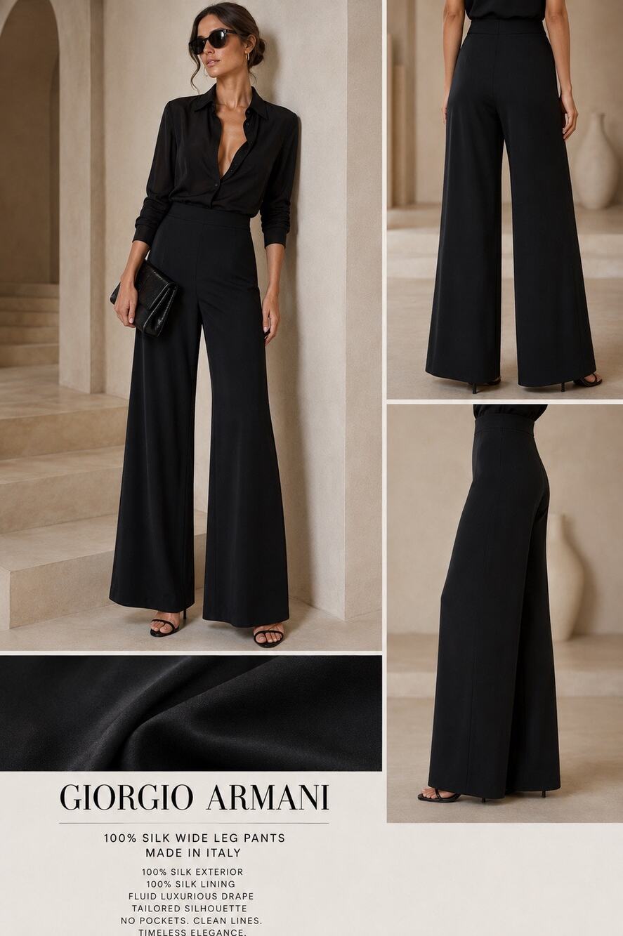 Quiet Luxury Giorgio Armani 100% Silk Wide Leg Black Pants Made Italy 50 US 14